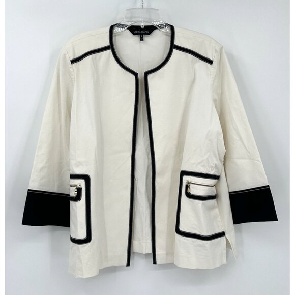 jacket blazer open front pockets 3/4 sleeve black ivory plus 1X - Picture 3 of 10